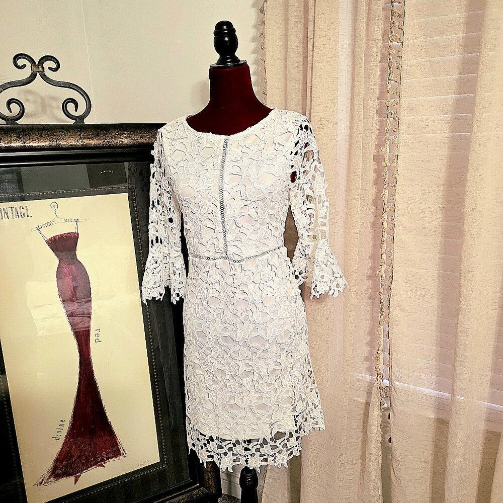 Elegant White Floral Lace Dress- Bell sleeves, Vintage inspired, feminine fit